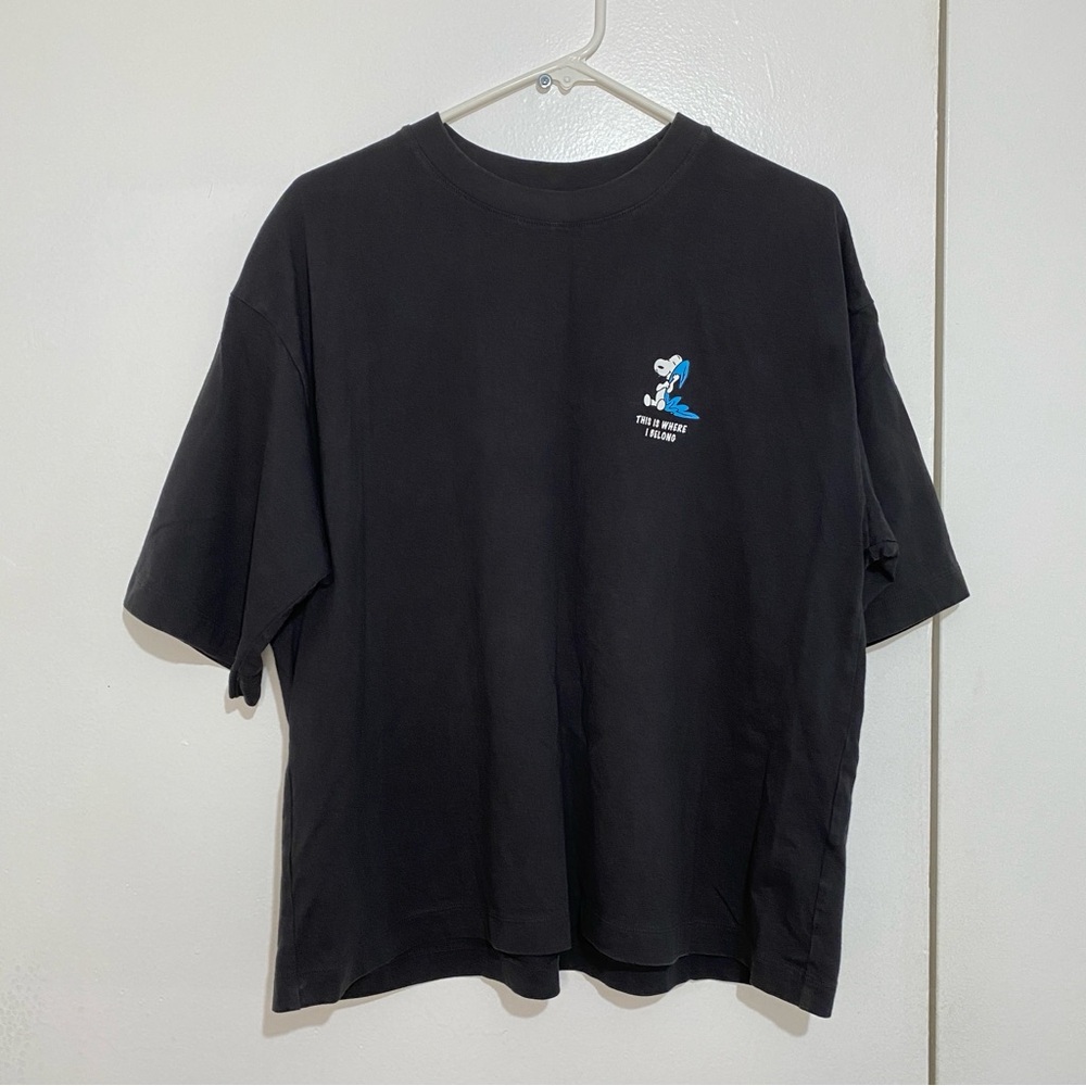 Black Graphic T-Shirt with Blue and White Design